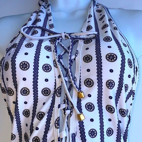 Orion Deep V Lace Up Front One Piece Swim Suit In White Navy Multi - Picture 8 of 13